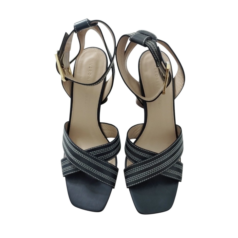 Veronica Beard Kresby Navy Leather Strap Heels Size 9M Quiet Luxury Old Money $$